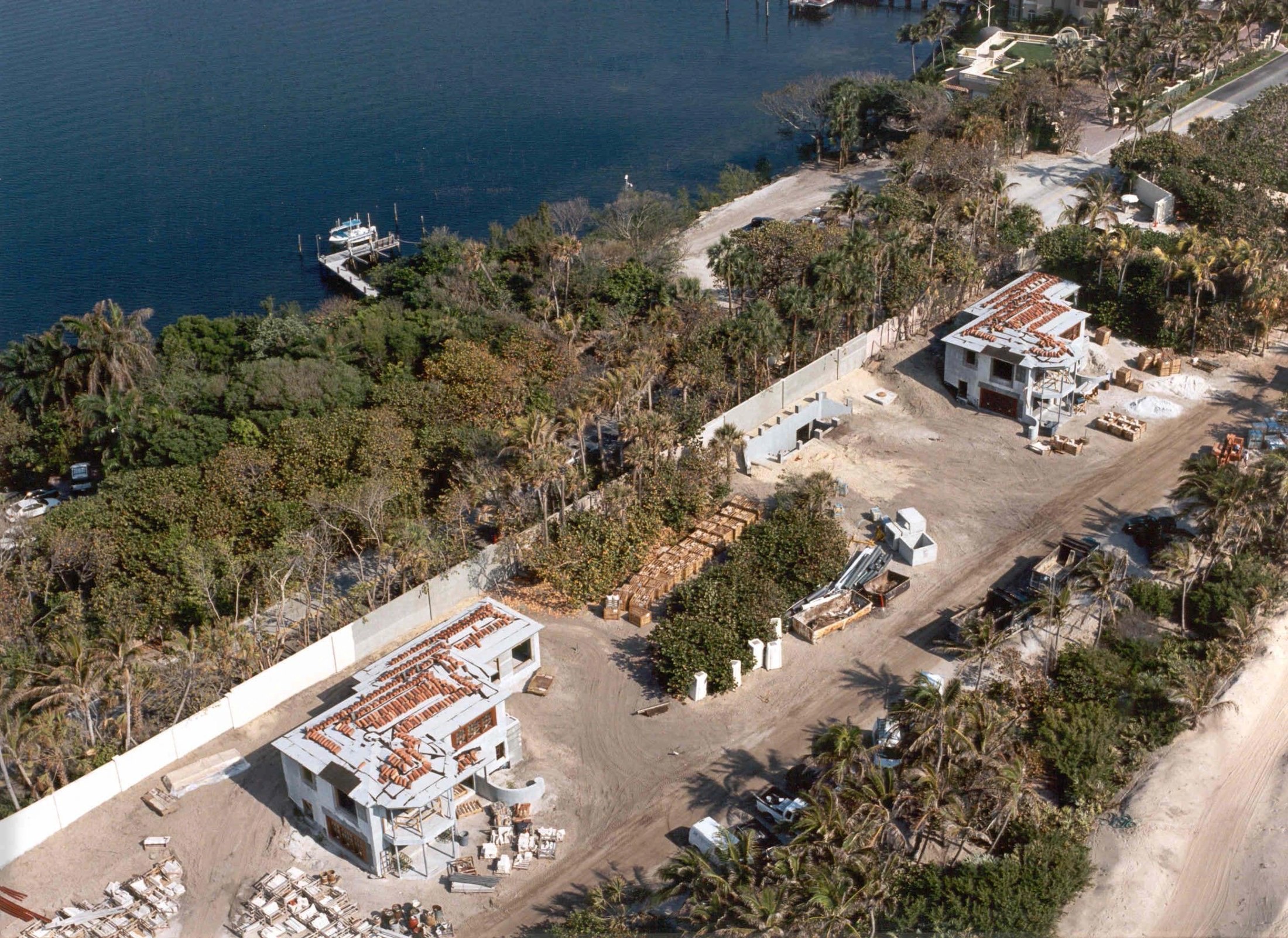 Aerial view of the estate's supporting buildings and waterfront